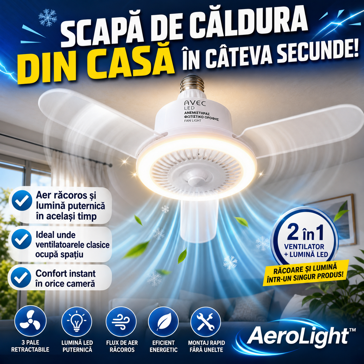 Ventilator LED De Tavan Cu Răcire Puternică – AeroLight™