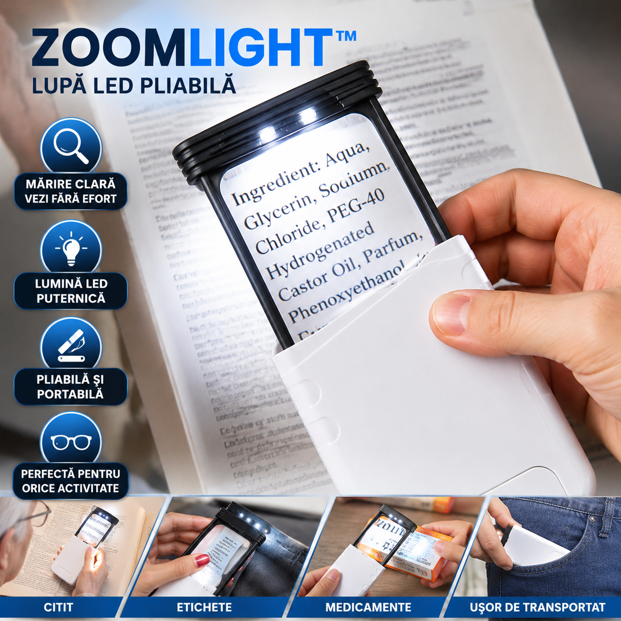 Lupă LED pliabilă-  ZoomLight™