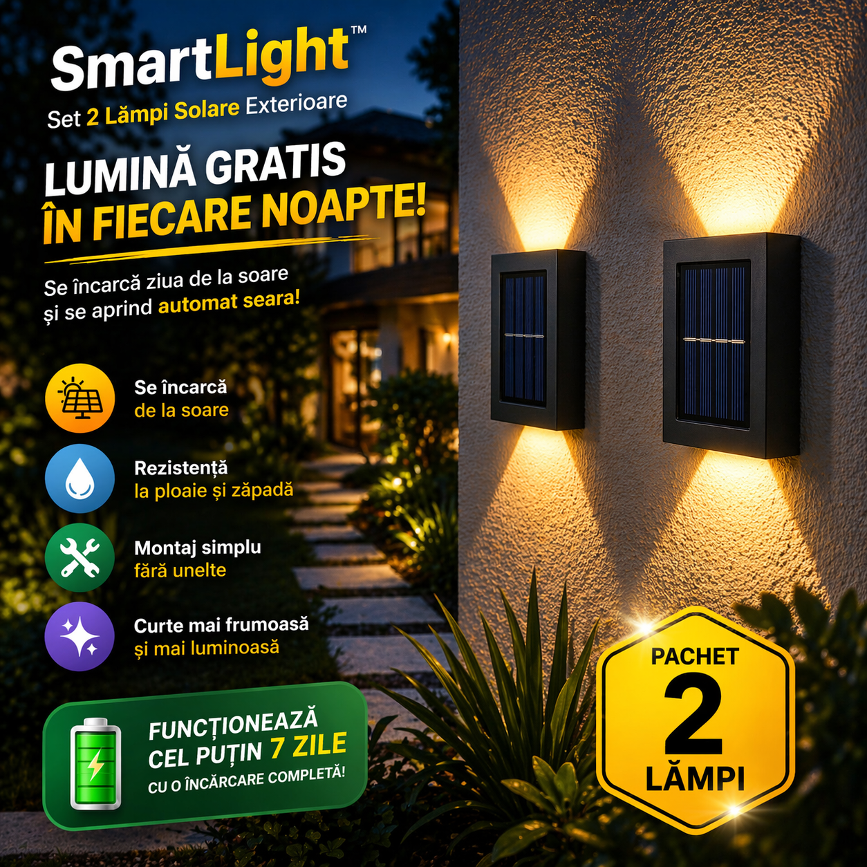 Set 2 Lămpi Solare Exterior- SmartLight™